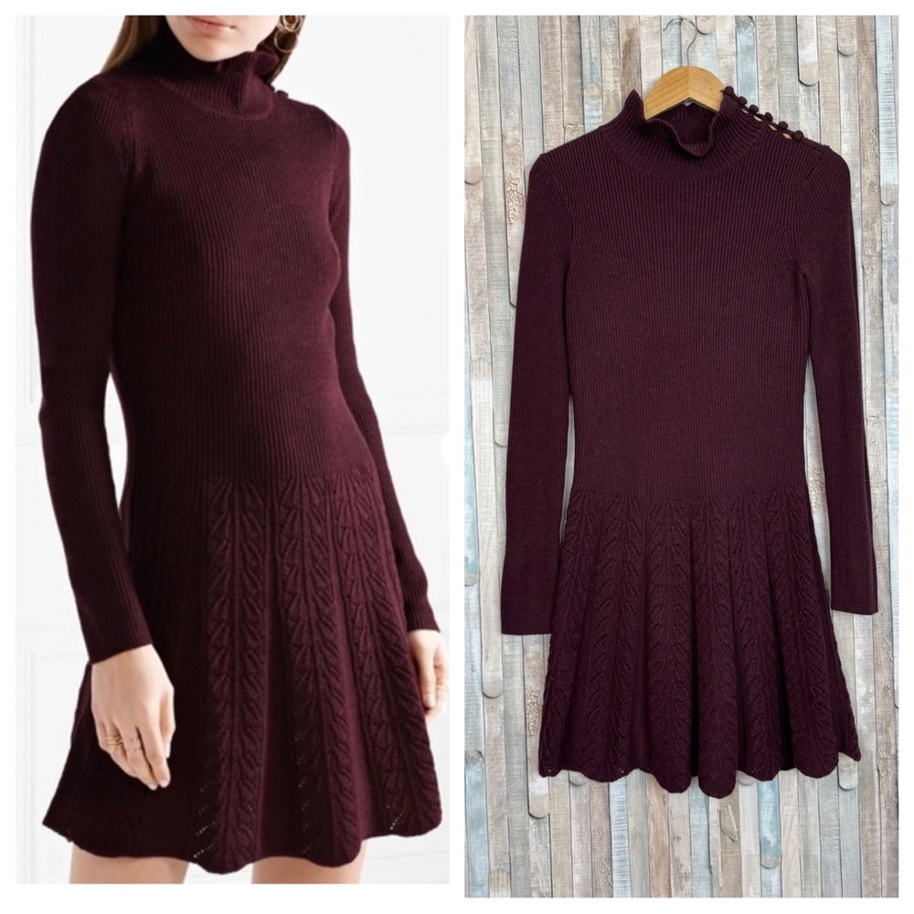 See by Chloe M Wool Turtleneck Sweater Knit Mini Dress Ribbed‎ Cable Textured